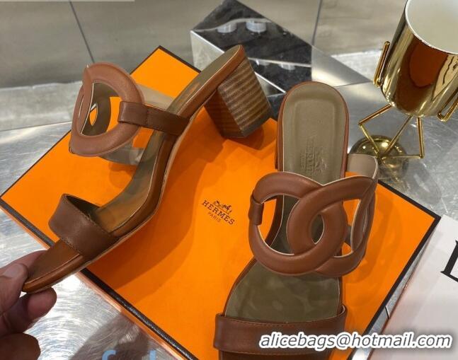 Top Quality Hermes Bikini Leather Chaine D Sandals 50mm Heel 080717 Brown