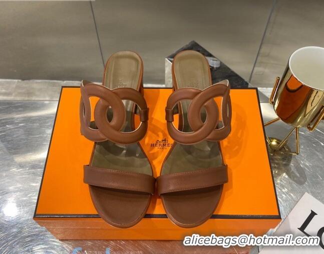 Top Quality Hermes Bikini Leather Chaine D Sandals 50mm Heel 080717 Brown