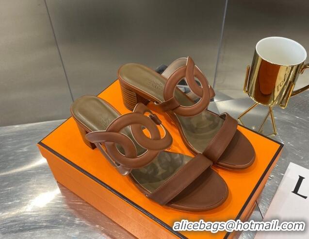 Top Quality Hermes Bikini Leather Chaine D Sandals 50mm Heel 080717 Brown