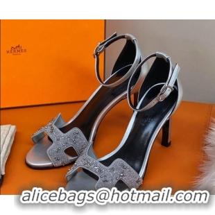 Best Luxury Hermes Premiere Crystal H Heel 90 Sandals Silver 082701