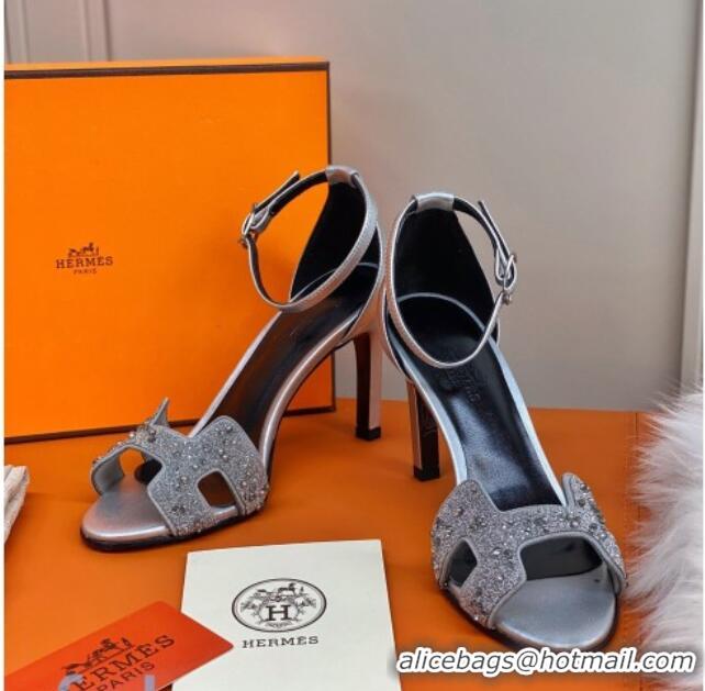 Best Luxury Hermes Premiere Crystal H Heel 90 Sandals Silver 082701