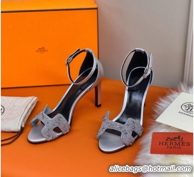 Best Luxury Hermes Premiere Crystal H Heel 90 Sandals Silver 082701