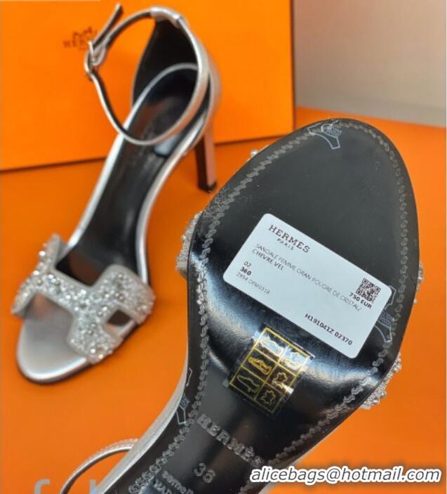 Best Luxury Hermes Premiere Crystal H Heel 90 Sandals Silver 082701