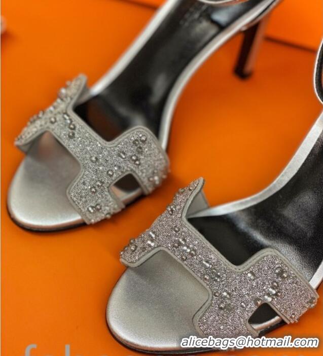 Best Luxury Hermes Premiere Crystal H Heel 90 Sandals Silver 082701