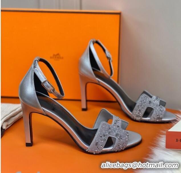 Best Luxury Hermes Premiere Crystal H Heel 90 Sandals Silver 082701