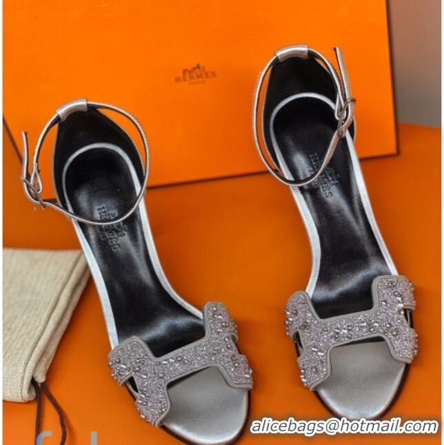 Best Luxury Hermes Premiere Crystal H Heel 90 Sandals Silver 082701