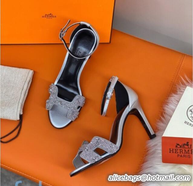 Best Luxury Hermes Premiere Crystal H Heel 90 Sandals Silver 082701