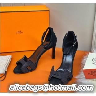 Cute Hermes Premiere Crystal H Heel 90 Sandals Black 082701