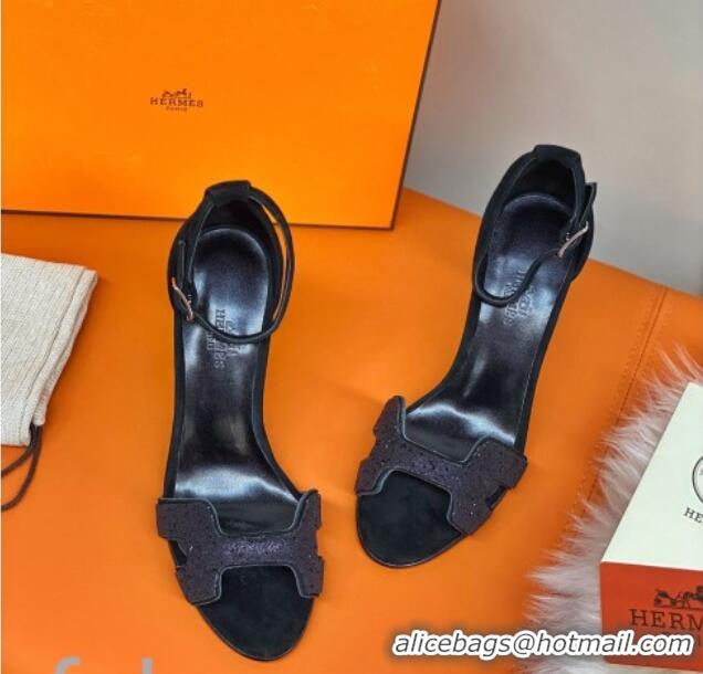 Cute Hermes Premiere Crystal H Heel 90 Sandals Black 082701