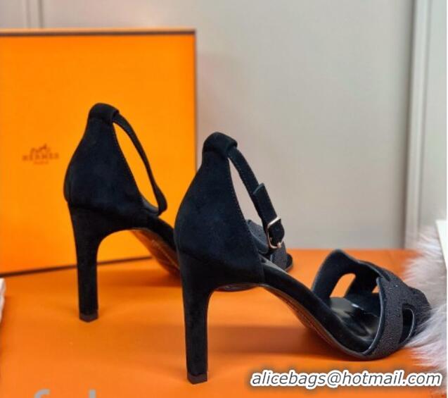 Cute Hermes Premiere Crystal H Heel 90 Sandals Black 082701