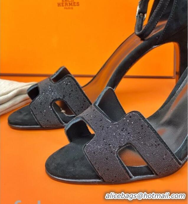 Cute Hermes Premiere Crystal H Heel 90 Sandals Black 082701