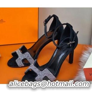 Good Quality Hermes Premiere Crystal H Heel 90 Sandals Black/Silver 082701