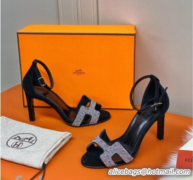 Good Quality Hermes Premiere Crystal H Heel 90 Sandals Black/Silver 082701