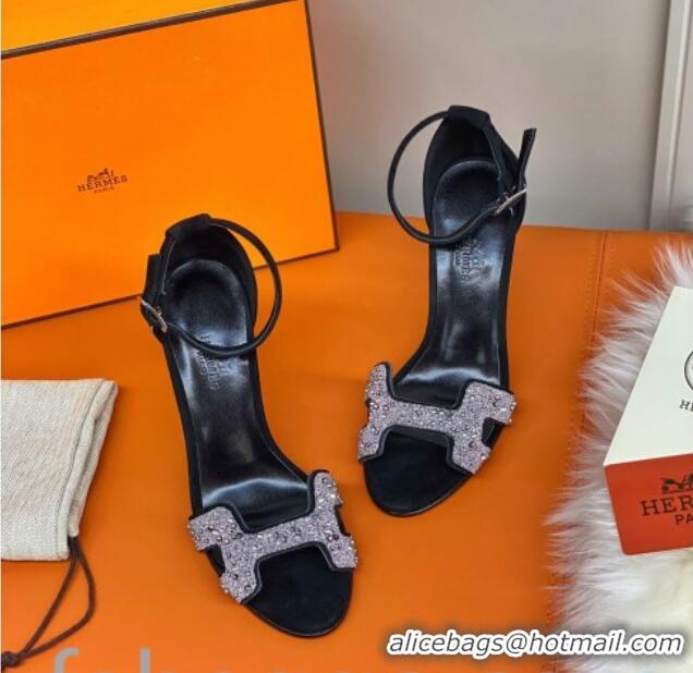 Good Quality Hermes Premiere Crystal H Heel 90 Sandals Black/Silver 082701