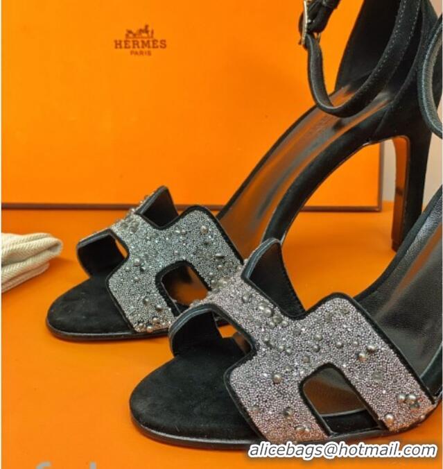 Good Quality Hermes Premiere Crystal H Heel 90 Sandals Black/Silver 082701