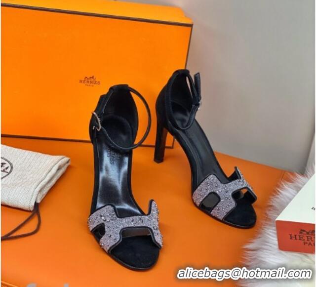 Good Quality Hermes Premiere Crystal H Heel 90 Sandals Black/Silver 082701