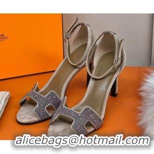 ​Duplicate Hermes Premiere Crystal H Heel 90 Sandals Silver/Grey 082701