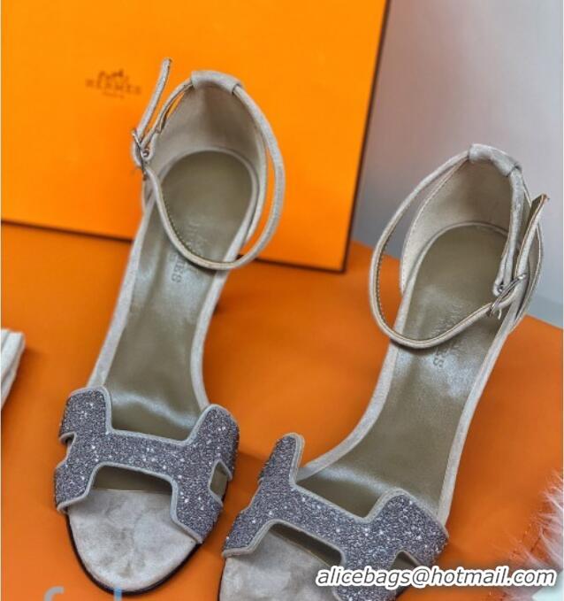 ​Duplicate Hermes Premiere Crystal H Heel 90 Sandals Silver/Grey 082701