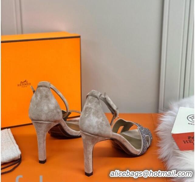 ​Duplicate Hermes Premiere Crystal H Heel 90 Sandals Silver/Grey 082701