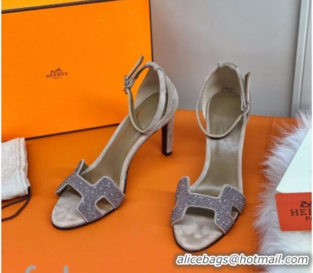 ​Duplicate Hermes Premiere Crystal H Heel 90 Sandals Silver/Grey 082701