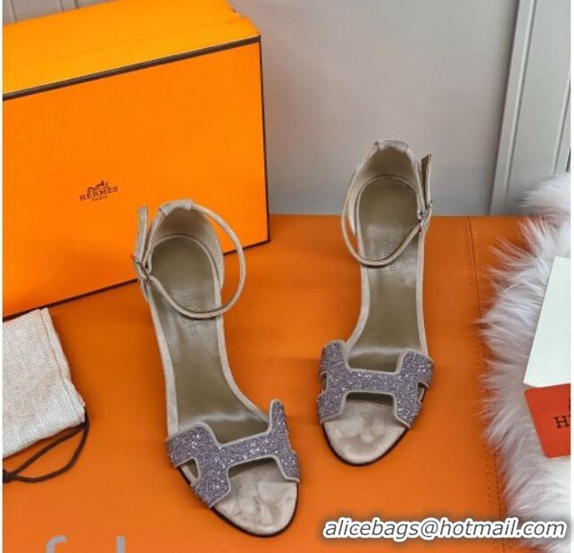 ​Duplicate Hermes Premiere Crystal H Heel 90 Sandals Silver/Grey 082701