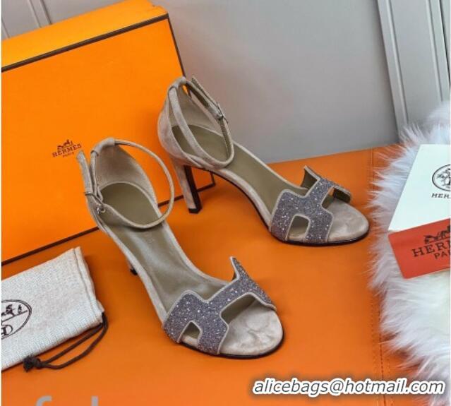 ​Duplicate Hermes Premiere Crystal H Heel 90 Sandals Silver/Grey 082701