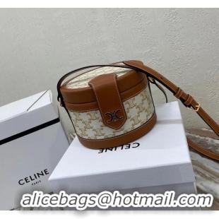 Discount CELINE MEDIUM TAMBOUR BAG IN TEXTILE WITH TRIOMPHE EMBROIDERY 195192 brown&white