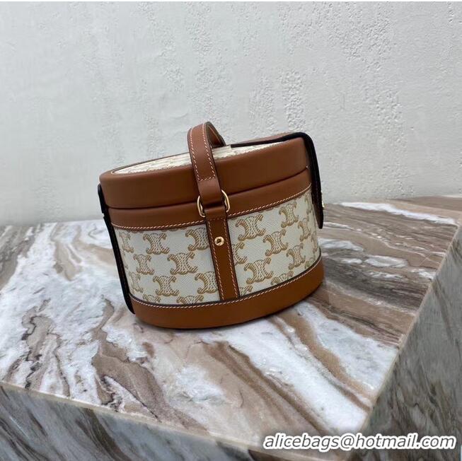 Discount CELINE MEDIUM TAMBOUR BAG IN TEXTILE WITH TRIOMPHE EMBROIDERY 195192 brown&white