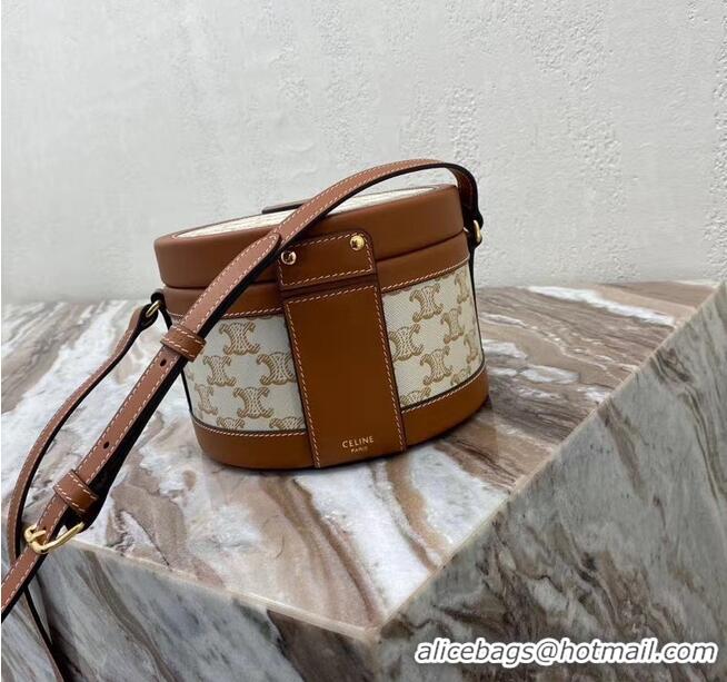 Discount CELINE MEDIUM TAMBOUR BAG IN TEXTILE WITH TRIOMPHE EMBROIDERY 195192 brown&white