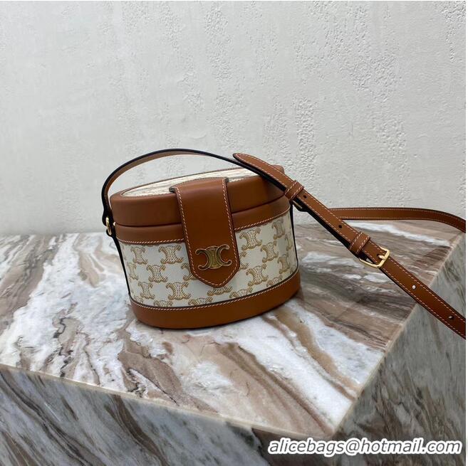 Discount CELINE MEDIUM TAMBOUR BAG IN TEXTILE WITH TRIOMPHE EMBROIDERY 195192 brown&white