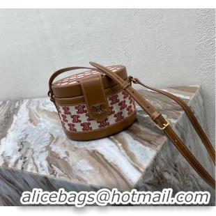 Promotional CELINE MEDIUM TAMBOUR BAG IN TEXTILE WITH TRIOMPHE EMBROIDERY 195192 brown&red