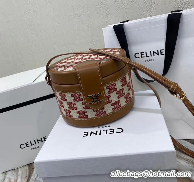 Promotional CELINE MEDIUM TAMBOUR BAG IN TEXTILE WITH TRIOMPHE EMBROIDERY 195192 brown&red