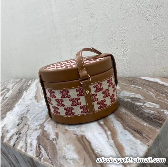 Promotional CELINE MEDIUM TAMBOUR BAG IN TEXTILE WITH TRIOMPHE EMBROIDERY 195192 brown&red