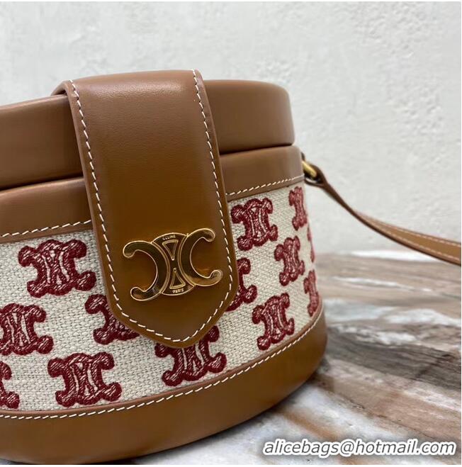 Promotional CELINE MEDIUM TAMBOUR BAG IN TEXTILE WITH TRIOMPHE EMBROIDERY 195192 brown&red