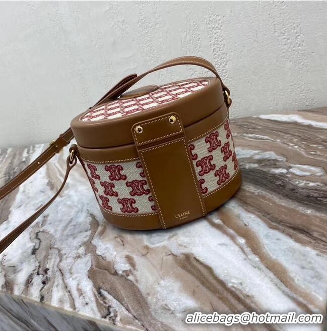 Promotional CELINE MEDIUM TAMBOUR BAG IN TEXTILE WITH TRIOMPHE EMBROIDERY 195192 brown&red