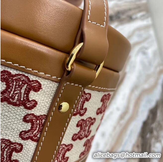 Promotional CELINE MEDIUM TAMBOUR BAG IN TEXTILE WITH TRIOMPHE EMBROIDERY 195192 brown&red