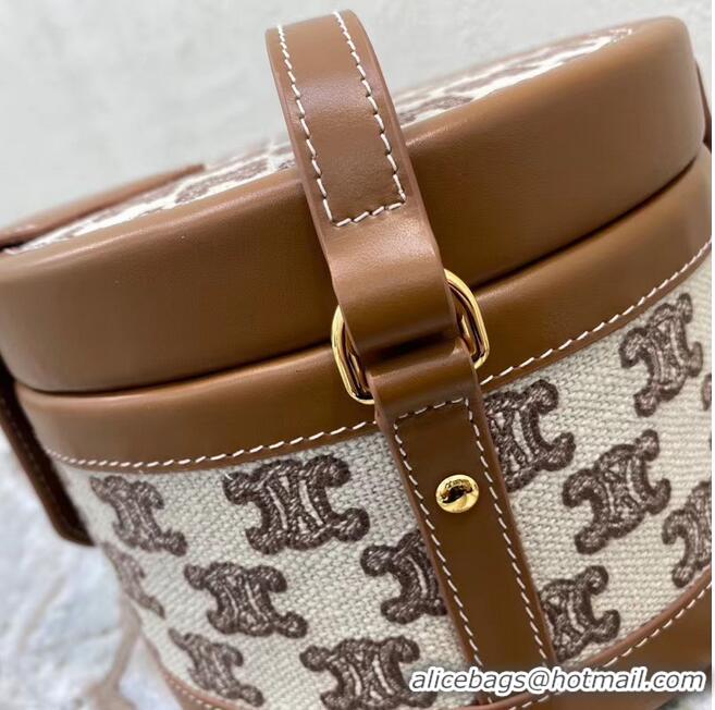 Affordable Price CELINE MEDIUM TAMBOUR BAG IN TEXTILE WITH TRIOMPHE EMBROIDERY 195192 brown&red