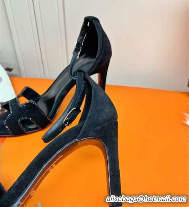 Unique Style Hermes Premiere Crystal H Heel 90 Sandals Black 082701