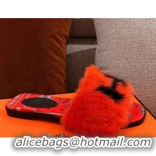 Popular Style Hermes Mink Fur H Flat Side Sandals Orange 091029