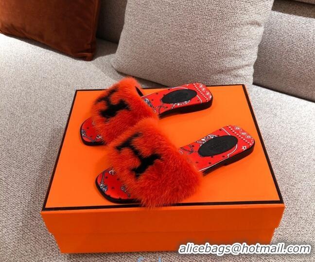 Popular Style Hermes Mink Fur H Flat Side Sandals Orange 091029