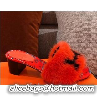 Trendy Design Hermes Mink Fur H Heel Side Sandals Orange 091029