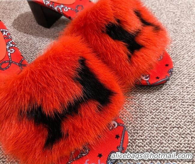 Trendy Design Hermes Mink Fur H Heel Side Sandals Orange 091029