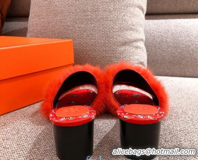 Trendy Design Hermes Mink Fur H Heel Side Sandals Orange 091029