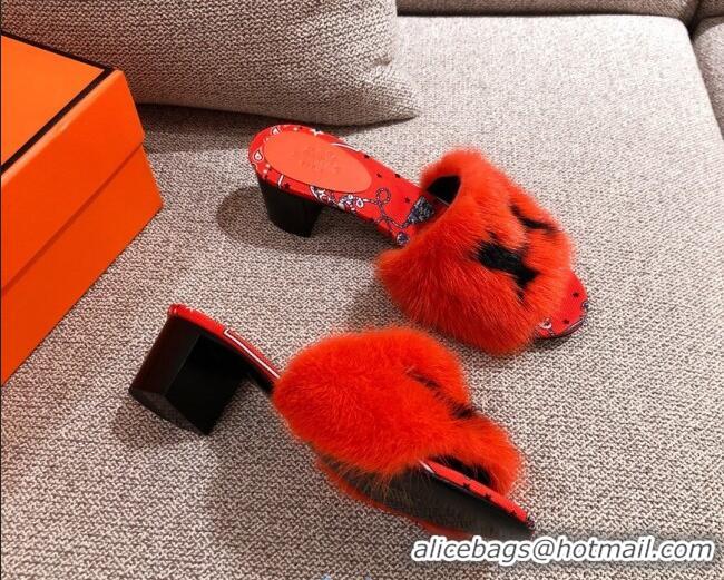 Trendy Design Hermes Mink Fur H Heel Side Sandals Orange 091029