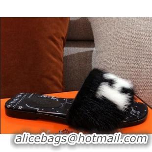 Super Quality Hermes Mink Fur H Flat Side Sandals Black 091029