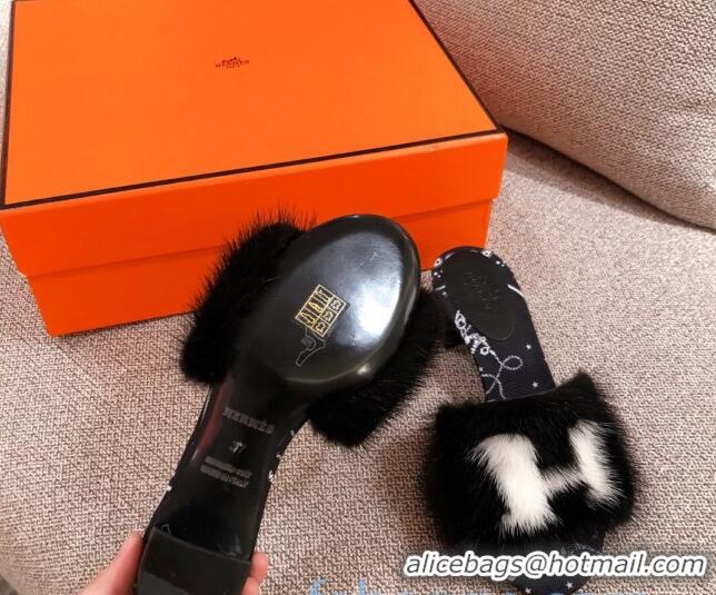 Super Quality Hermes Mink Fur H Flat Side Sandals Black 091029