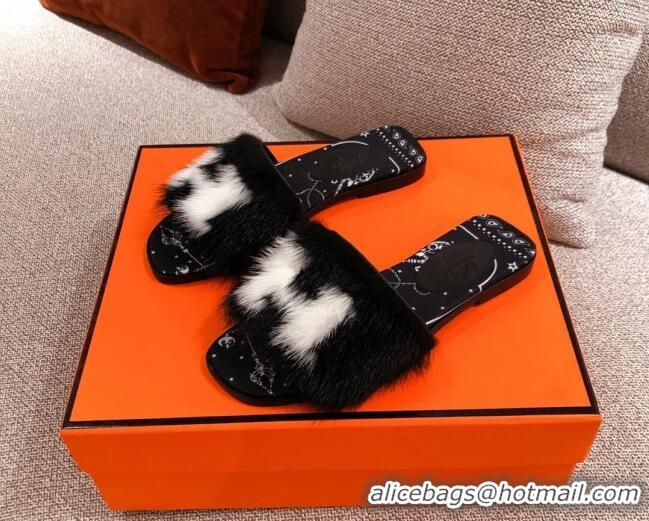 Super Quality Hermes Mink Fur H Flat Side Sandals Black 091029