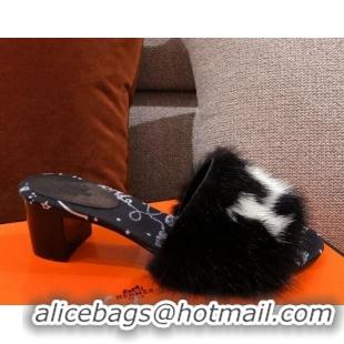 Top Grade Hermes Mink Fur H Heel Side Sandals Black 091029