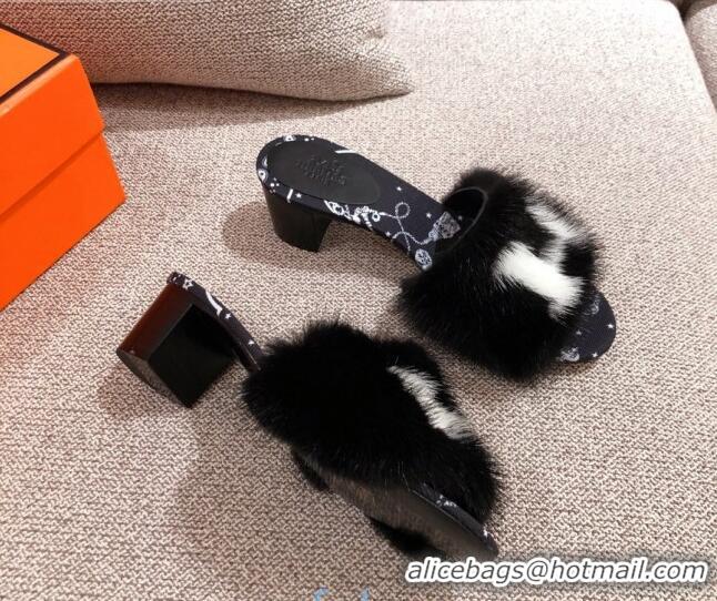 Top Grade Hermes Mink Fur H Heel Side Sandals Black 091029