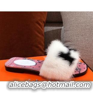 AAAAA Hermes Mink Fur H Flat Side Sandals White 091029